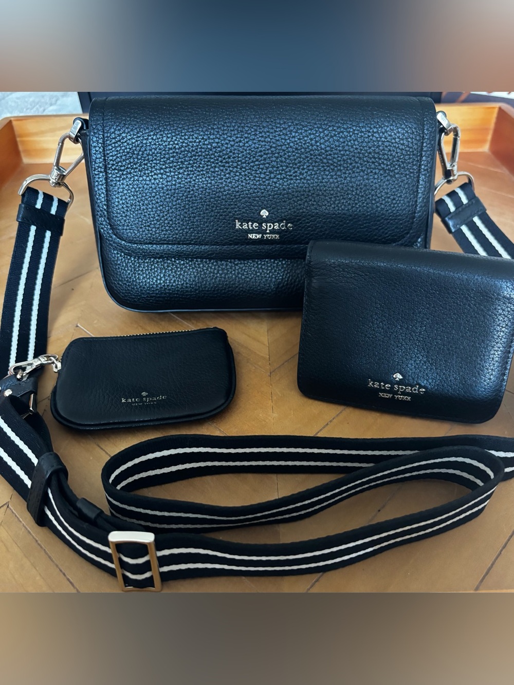 kate spade Pebbled Leather Crossbody Set with Striped Strap, Pouch & Wallet